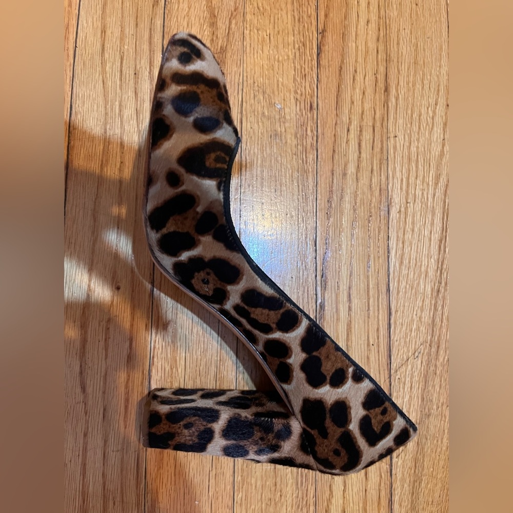J Crew size 11 leather calf hair animal cheetah heel black brown tan - Picture 7 of 9